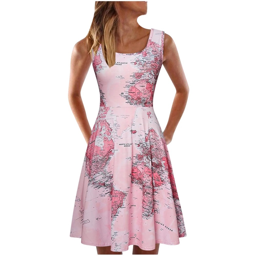 NWOT Pink and Red World Map Scoop Neck Dress